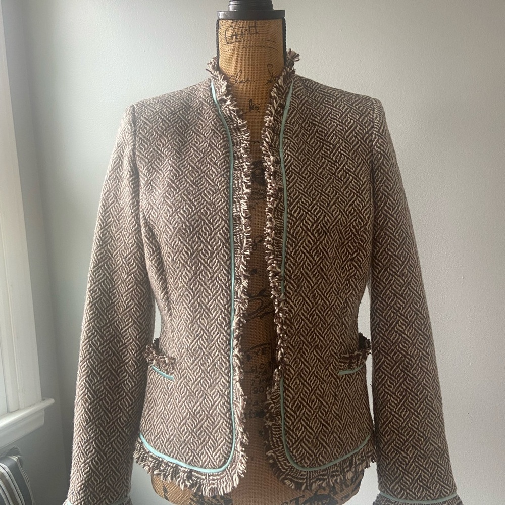Etcetera Sz 6 Brown & White Patterned Wool Blend Women’s Blazer with Fringe
